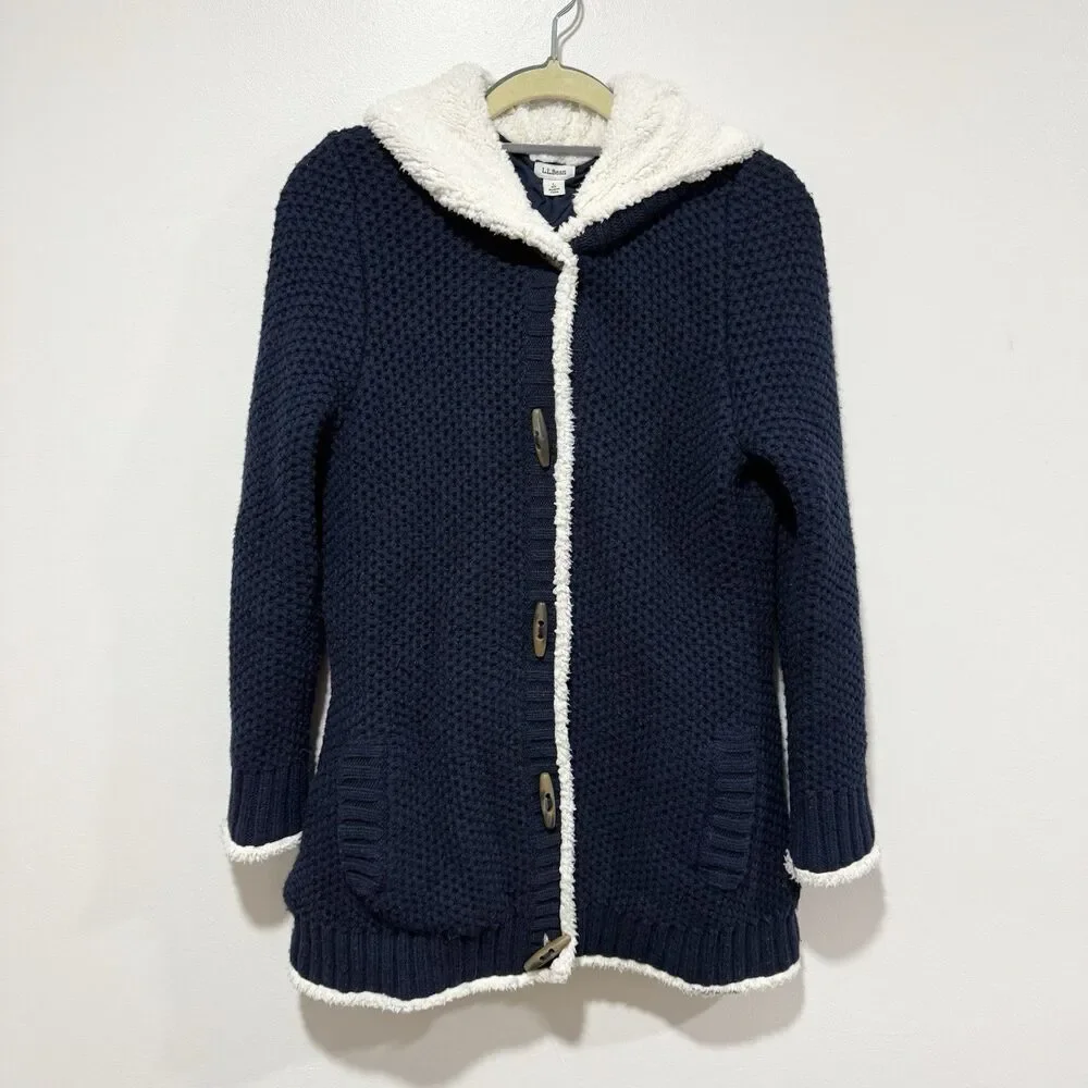 LL Bean Hooded Shearling Lined Wool Toggle Navy Blue Sweater Women Size Large
